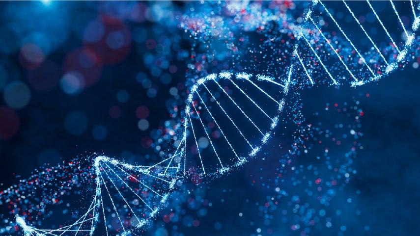 An electrified DNA spiral on a dark blue background.