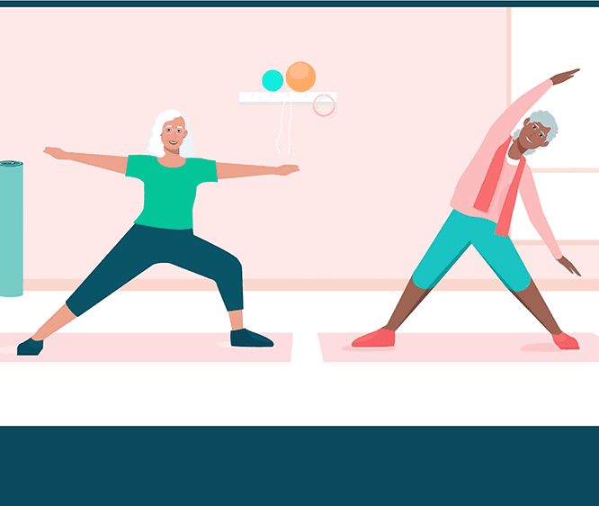 animated video still of two women exercising