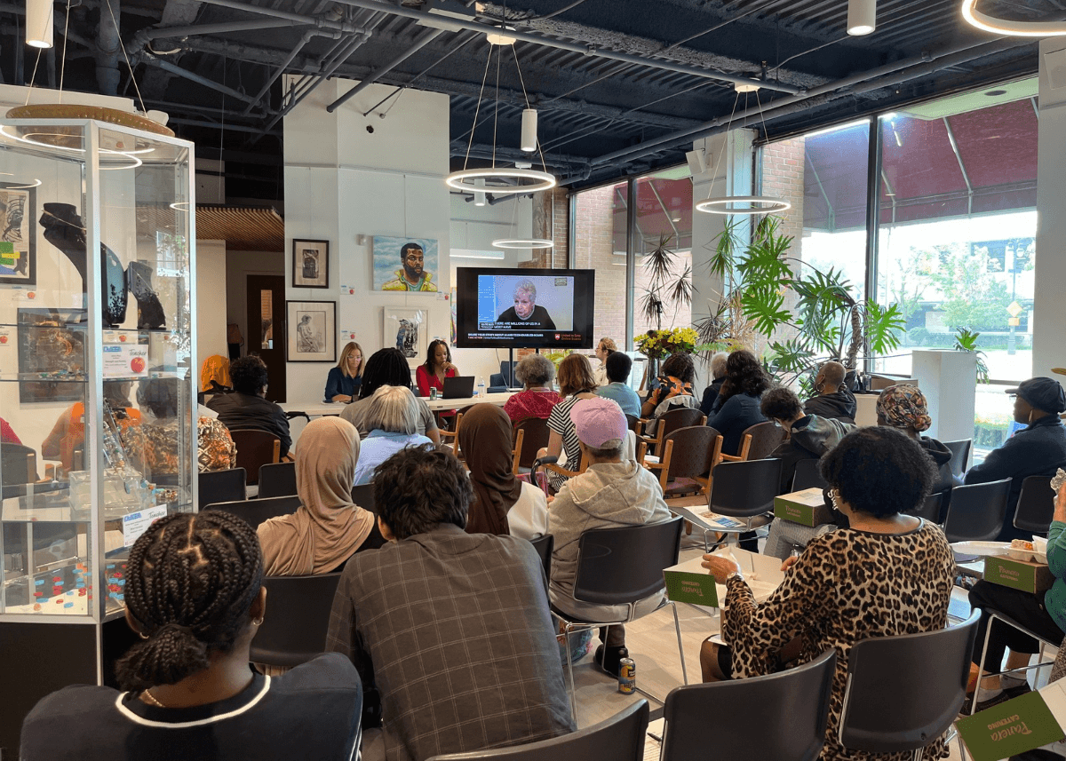 Crowd from Detroit watching a National Day of Action PSA.