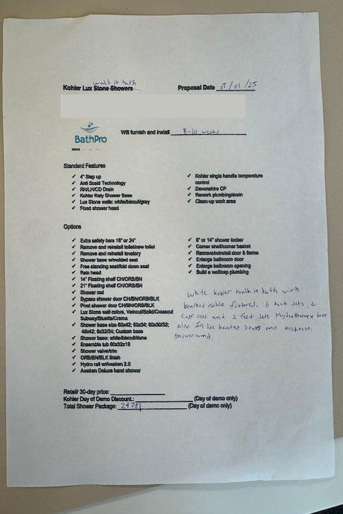 Kohler options and invoice notes