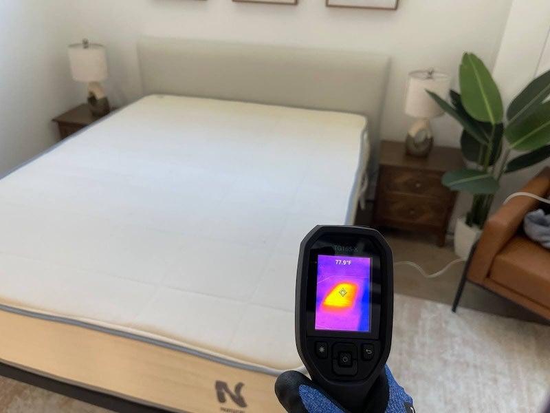 A heat gun aimed at the Nolah Natural mattress