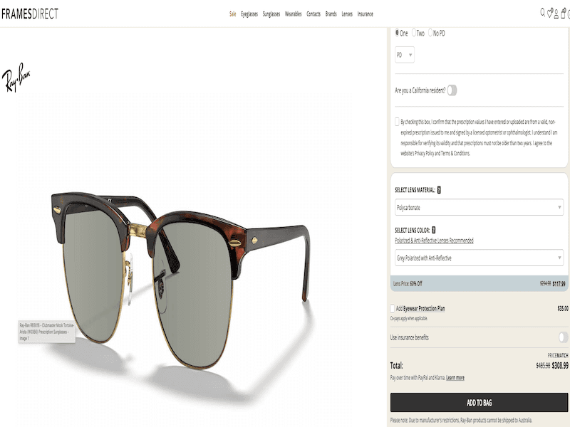 RayBan prescription sunglasses on Frames Direct