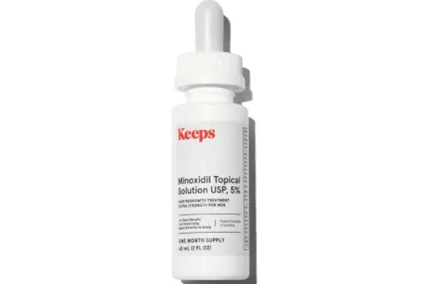 A bottle of Keeps Topical Minoxidil Solution against a white background