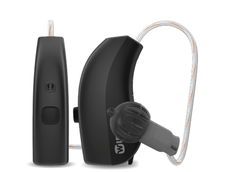 The Widex Moment hearing aids in black.