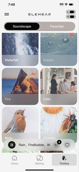 elehear tinnitus masking options including waterfall, bubble, birds