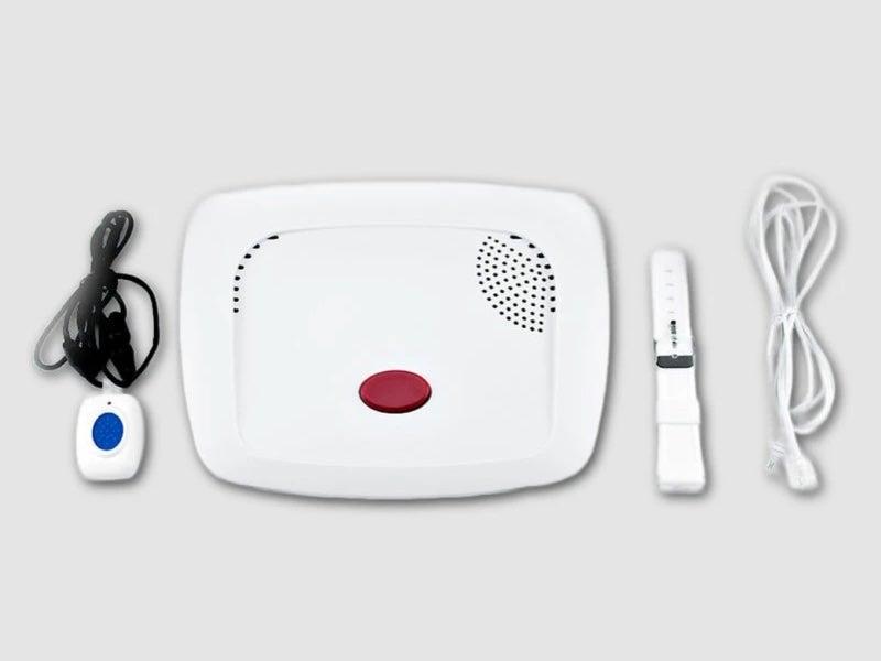 The Alert1 EZ Care In-Home Medical Alert’s lanyard and button, base unit, and wristband.