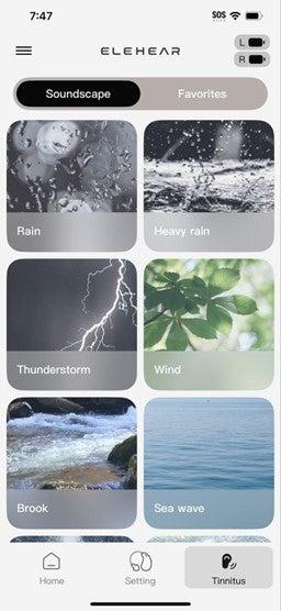 Elehear tinnitus masking options including Rain, Wind, Thunderstorm
