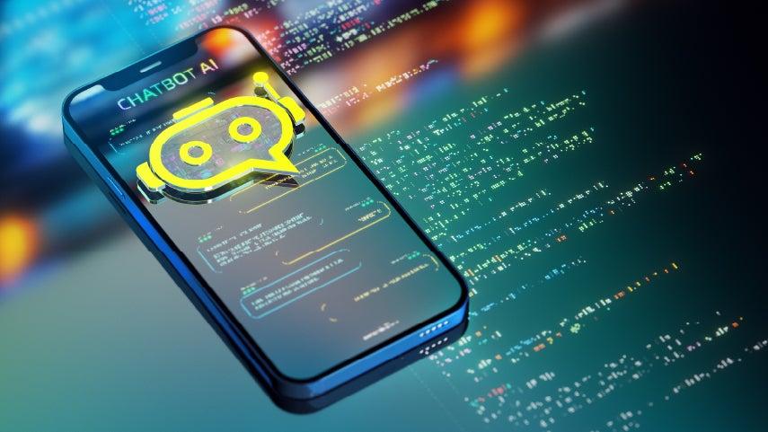 A cell phone has a Chatbot AI sitting on top of it signifying an AI voice scam is occurring. Ai is the new scam artist.