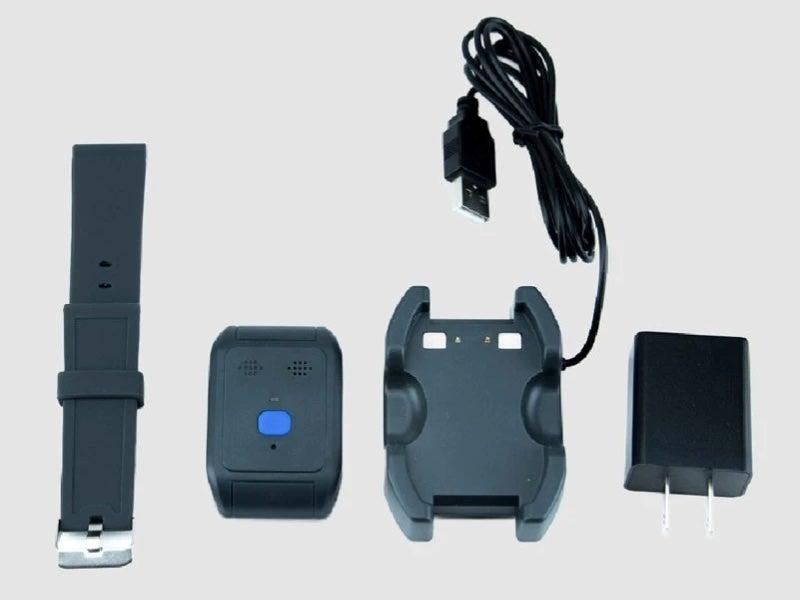 The Alert1 LifeBeacon medical alert system wristband, portable button, charging cradle, and power brick