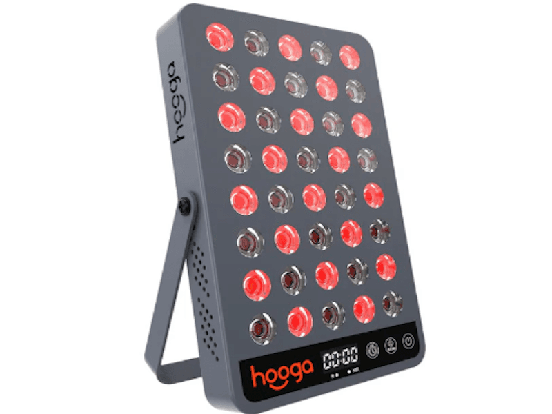 Gray rectangular panel with red LED lights, tilted on a metal stand. The bottom display features the brand “Hooga.”