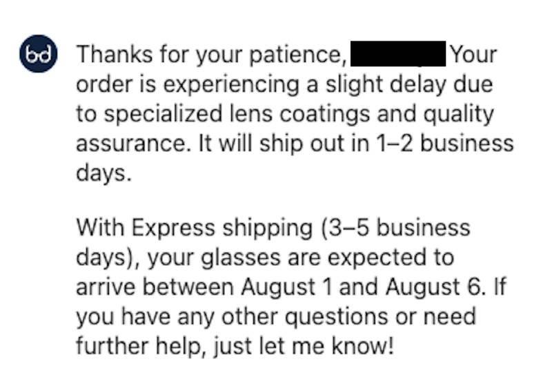 A transcript of our tester’s discussion with GlassesUSA’s customer service chatbot