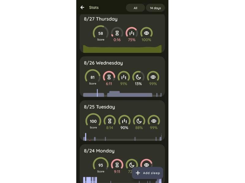 The sleep score homepage of the Sleep as Android app