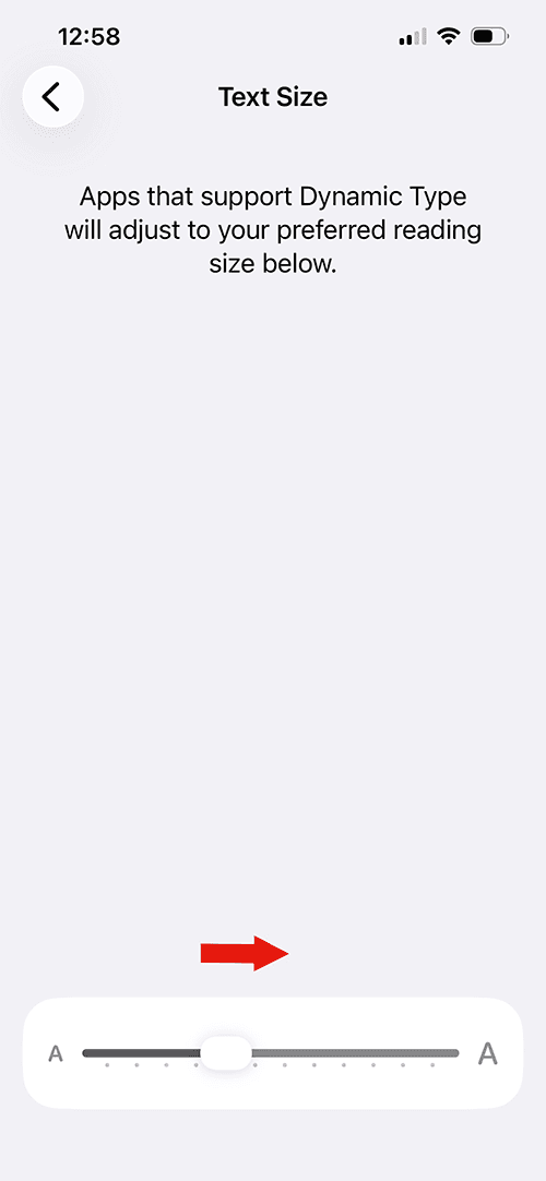 iPhone text size adjustment slider