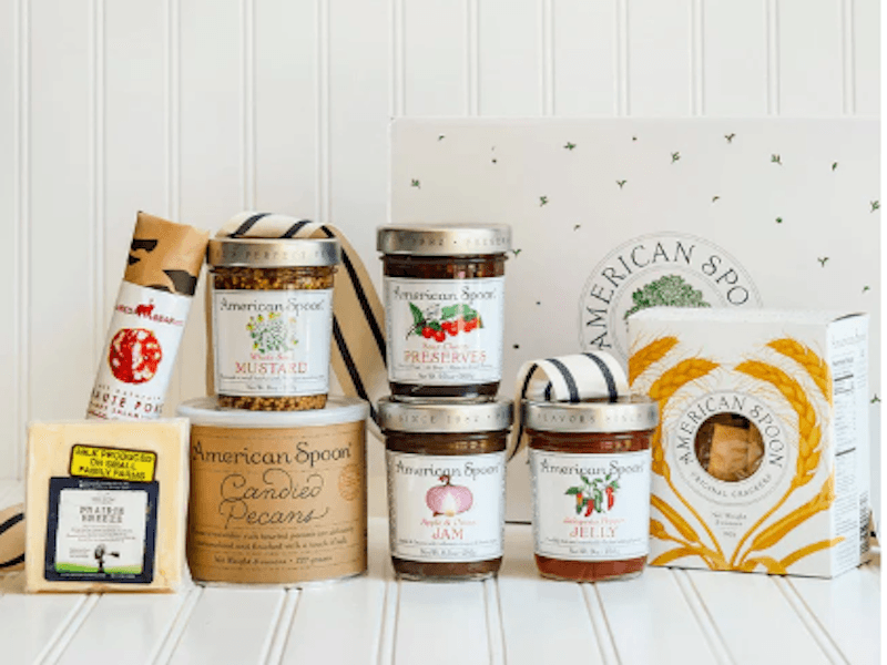 Display of American Spoon preserves, crackers, cheese and other food items for entertaining