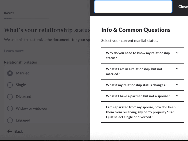 Trust & Will pop-up explains key concepts and lists frequently asked questions