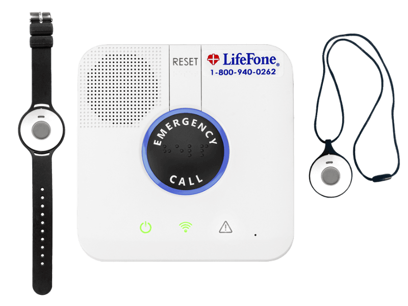 The LifeFone Home Device base station and wearable buttons