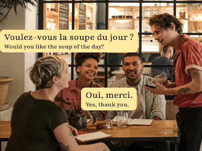 A waiter at a French restaurant taking orders, with speech bubbles written in French.