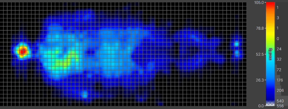 Grid image with the outline of a person’s body lying on their back in a pressure map