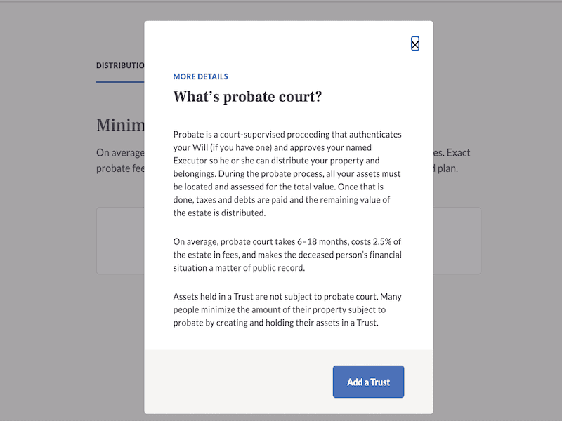 A screenshot of a Trust & Will pop-up.