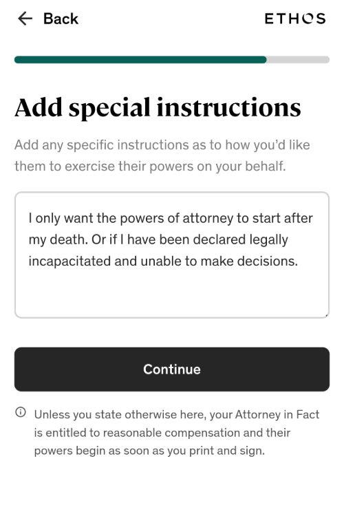 A screen shot from Ethos estate planning where users can add special instructions