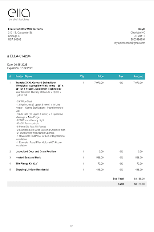 A free quote for an Ella’s Bubbles walk-in tub.