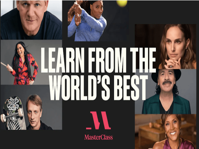 Stills from Masterclass videos, featuring experts and celebrities like Serena Williams and Natalie Portman.