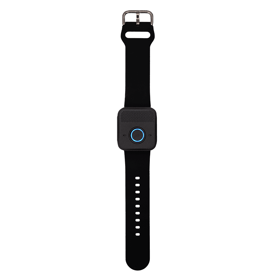 Black MGMini Lite smartwatch with glowing blue help button