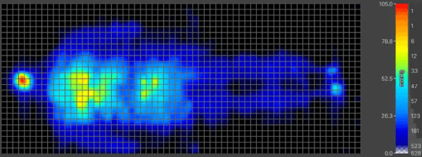 Pressure map image of a person lying on their back on the WinkBed Plus showing very little pressure buildup