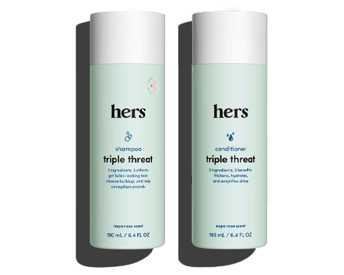 Hers Triple Threat Shampoo and Conditioner bottles displayed side-by-side