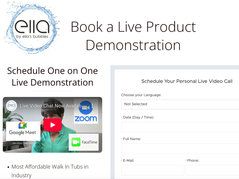 Online form to request a free virtual tour of the Ella’s Bubbles showroom.