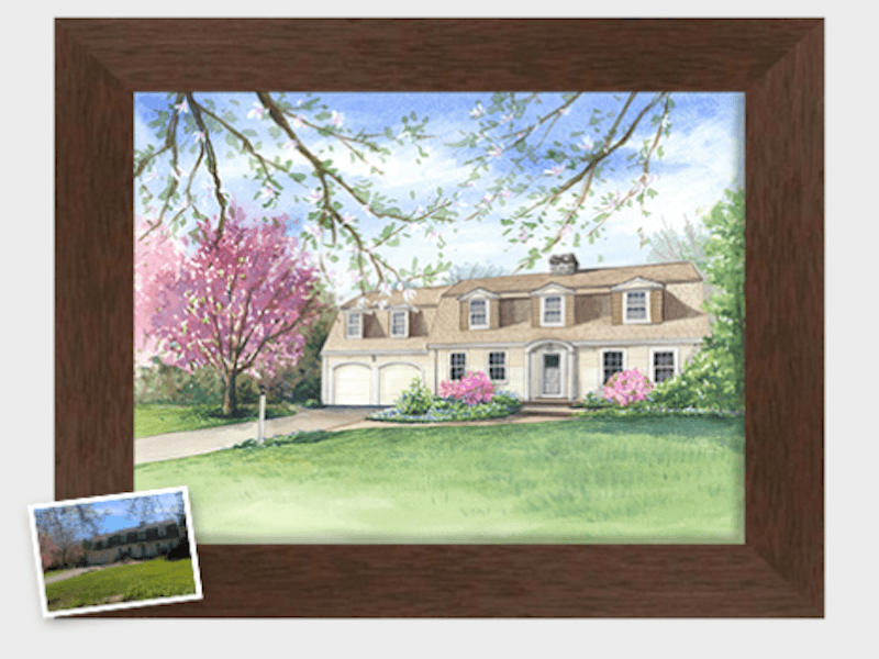 Framed watercolor portrait of a colonial-style house with inset of a photograph of the same house