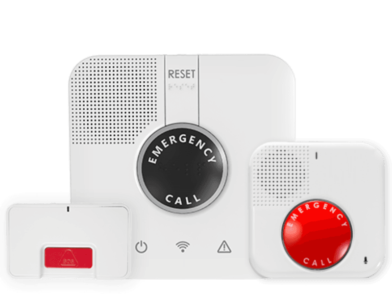 The GetSafe base station, a standard wall button, and a voice-activated wall button.