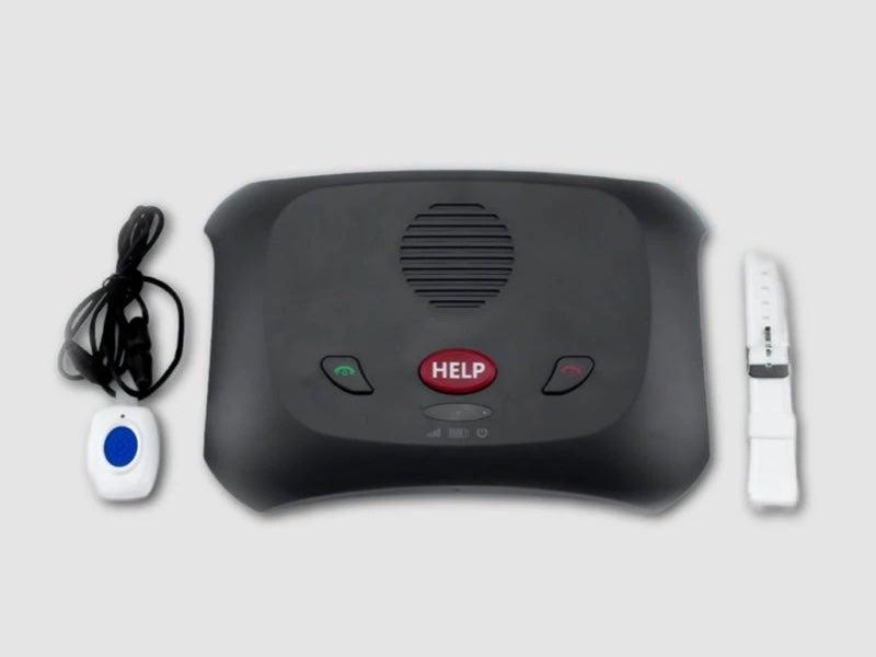 Alert1’s EZ Care Plus In-Home Medical Alert device’s lanyard and button, base station, and wristband