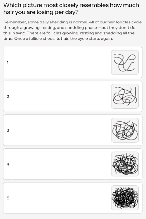Question from a hair loss assessment asking how much hair you lose each day, with five images of strands of hair to choose from.