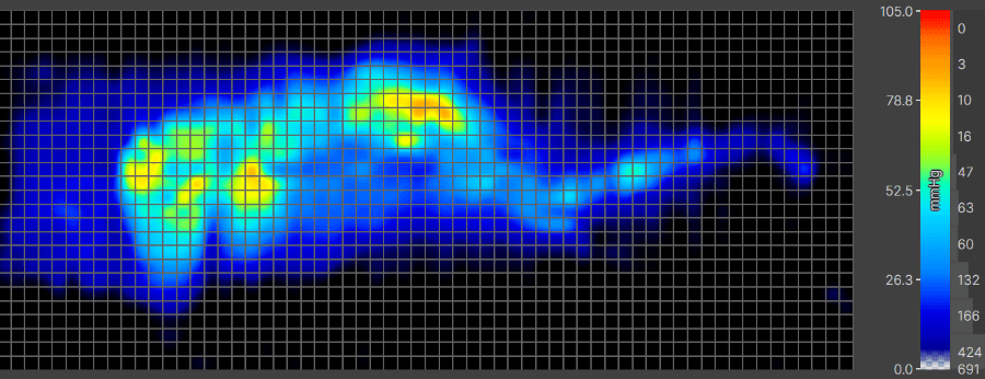 Heat map image showing a woman lying on her side and very minimal pressure buildup