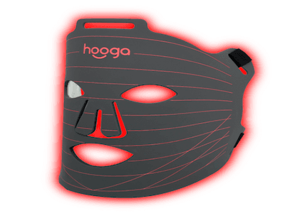 Black full-face mask showing Hooga logo and glow of red light at the edges.