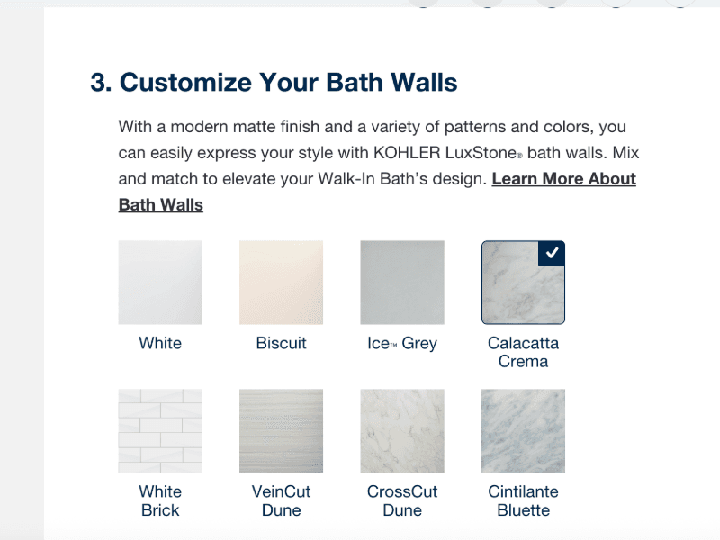 Eight different options for customizing the walls of your Kohler walk-in tub
