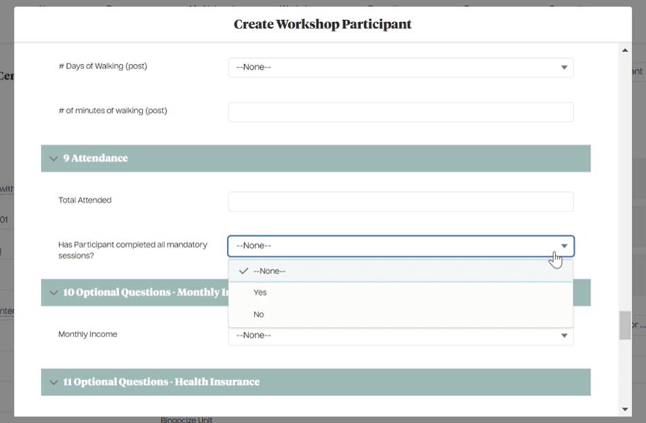 Screenshot of Create Workshop Participant step with Attendance checkbox