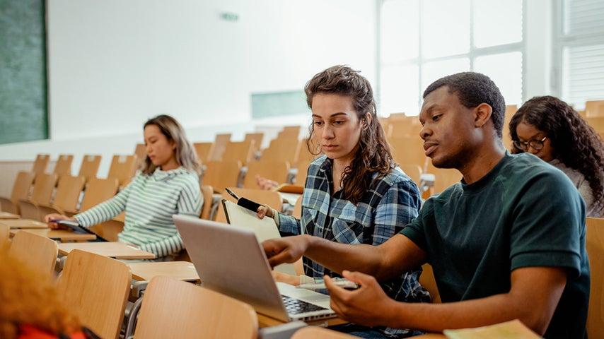 Students sitting in chairs in a lecture hall, looking at a computer screen.