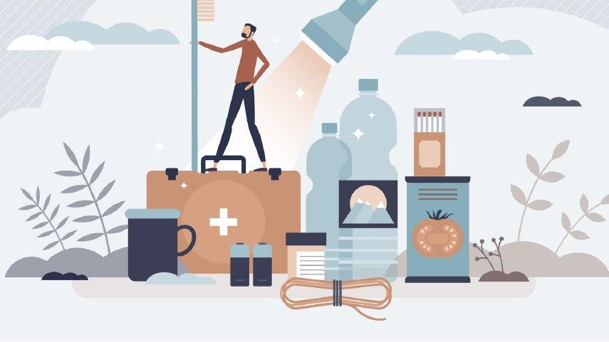 illustration of a man standing atop emergency supplies