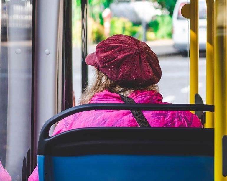 A view from an older woman's back as she sits on a bus.